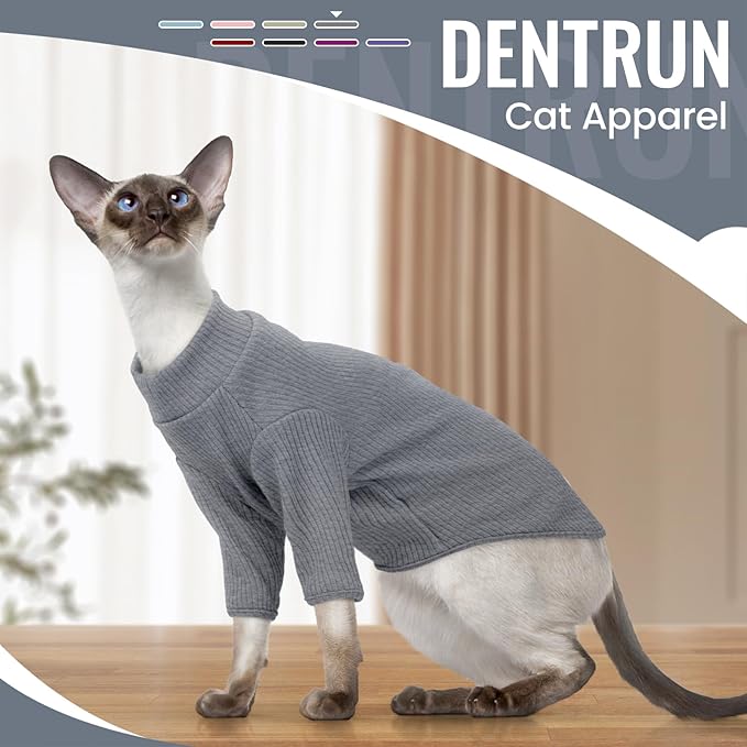 DENTRUN Sphynx Hairless Cats Shirt Pullover Kitten T-Shirts, Breathable Cat Wear Turtleneck Sweater Adorable Cat's Clothes Vest Pajamas Jumpsuit