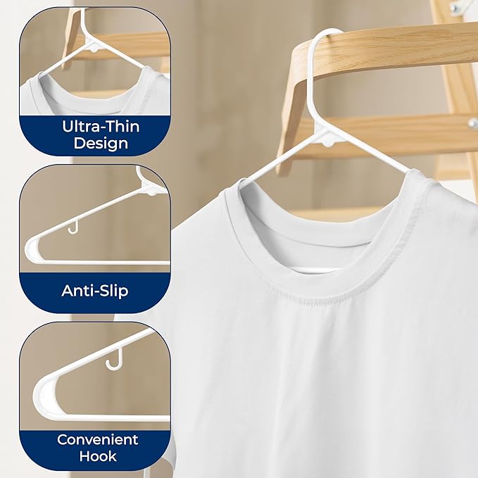 SereneLife White Plastic Hangers 200 Pcs, Durable Hanger Set with Slip Design, Tubular Hangers with 2 Integrated Strap Hooks, Mega Pack for Clothes