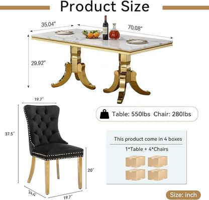 Goujxcy Faux Marble Dining Table Set for 4, Modern 5-Piece Dining Table Set with 4 Velvet Upholstered Chairs, 70" Large Long Faux Marble Kitchen Dining Room Table and Chairs with Stainless Steel Legs