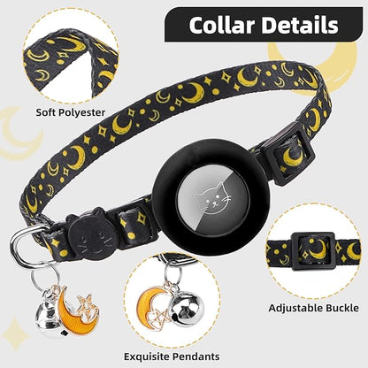PUPTECK Airtag Cat Collar Breakaway 2 Pack with Bells, Reflective Kitten Collar with Air Tag Holder for Boy Girl Kitty and Puppies, Soft, Black