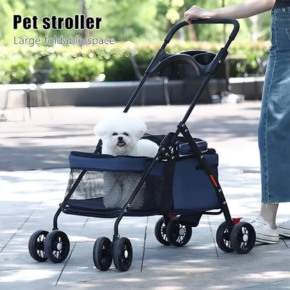 Pet Stroller 4 Wheels Dog Cat Stroller,Outdoor Trave Pet Folding Stroller,Foldable Dog Cat Cage Jogger Stroller with Cup Holder,Breathable and Visible Mesh for Medium Dogs Cats Grey