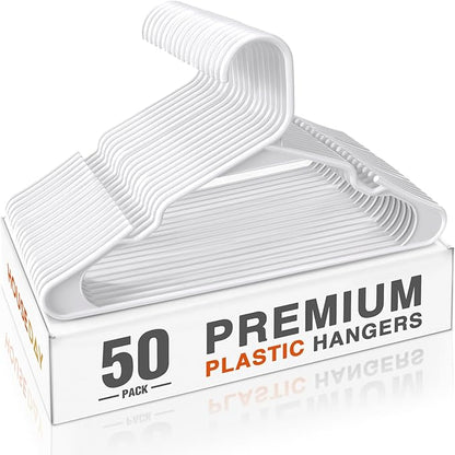 HOUSE DAY Plastic Hangers 50 Pack - White Clothes Hangers with Non-Slip Shoulder Grooves, Durable and Sturdy Coat Hanger, Space Saving Slim Design Perfect for Closet Organizers and Storage