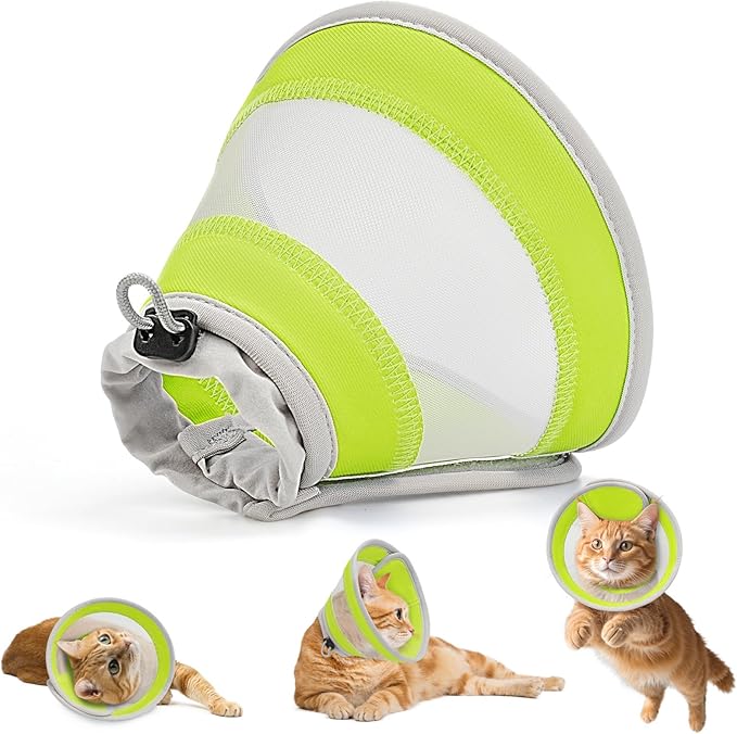 Breathable Air Mesh Cat Cone Collar Soft to Stop Licking, Adjustable, Foldable Lightweight Kitten Cones After Surgery Recovery for Cats & Kittens (Yellow Green,M)