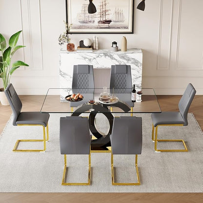 63'' Glass Dining Table Set for 6, Kitchen Table Chairs Set of 6, Clear Glass Dining Table with Black unique design Leg and Gold Metal Base, 6 PU Dining Chairs with Metal Legs, Living Room, Kitchen.