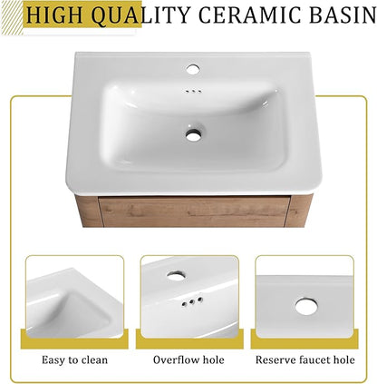Goujxcy 68 Inch Bathroom Vanity with Sink Combo Modern Floating Vanity Cabinet with Ceramic Vessel Sink and Storage Shelves, Soft Closing Door Design (Imitative Oak)