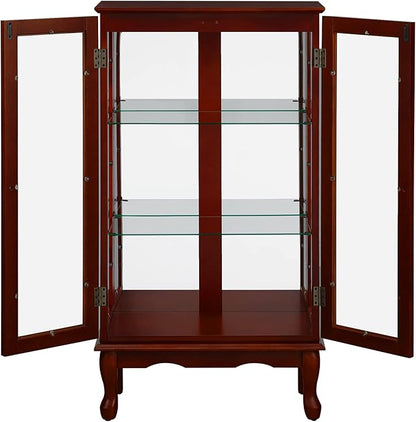 Goujxcy Lighted Curio Cabinet, Modern Floor Standing Glass Curio Cabinet Display Case Cabinet with Adjustable Shelves, Mirrored Back Panel and Tempered Glass Doors for Home/Office (Cherry)