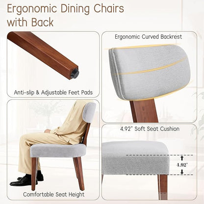 Dining Chairs Set of 4, Mid-Century Modern Upholstered Kitchen Chairs with Curved Backrest and Linen Fabric Seat, Wood Leg Accent Chairs for Dining Room, Living Room, Bedroom, Grey