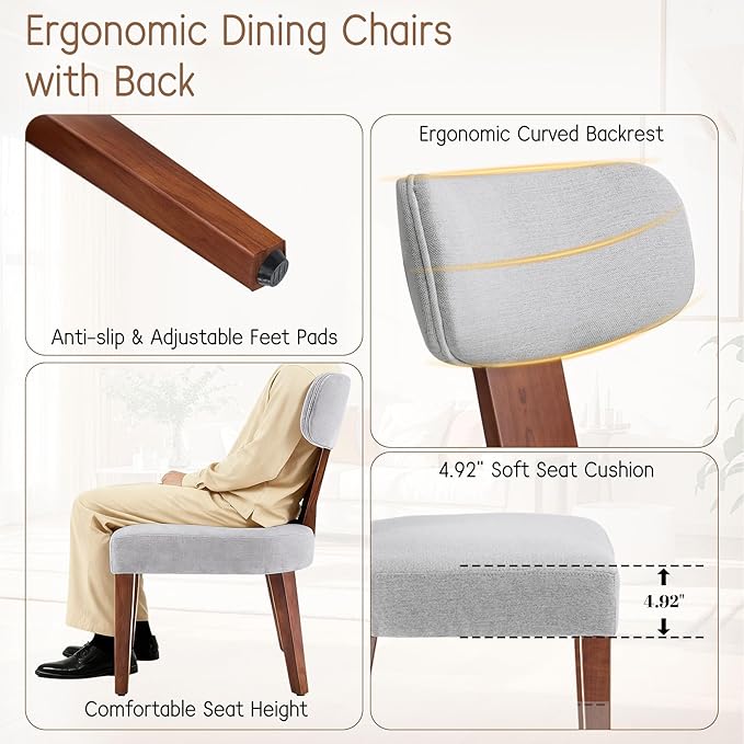 Dining Chairs Set of 6, Mid-Century Modern Upholstered Kitchen Chairs with Curved Backrest and Linen Fabric Seat, Wood Leg Accent Chairs for Dining Room, Living Room, Bedroom, Grey