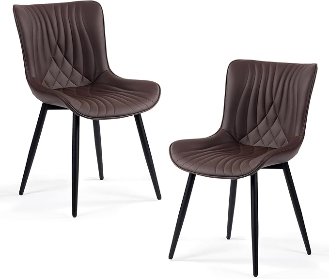 Kidol&Shellder Brown Dining Chairs Set of 2,Faux Leather Upholstered Mid Century Modern Kitchen&Dining Room Chair with Back,Ergonomic Armless Vanity&Living Room Chair with Metal Legs