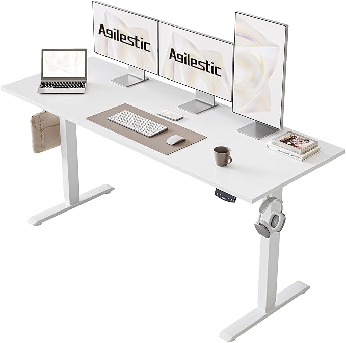 Agilestic Electric Standing Desk, Large 60 x 24 Inches Height Adjustable Desk, Sit Stand up for Work Office Home, Ergonomic Rising Computer Table with Memory Preset, White