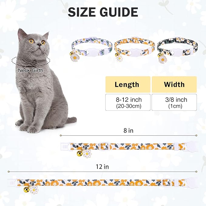 3 Pack Breakaway Cat Collars with Bell- Flower Pendant Spring Cat Collar for Girl Boy Cats with Safety Buckle- Cute Kitten Collar Adjustable 8"-12" for Kitty Puppy Small Pets