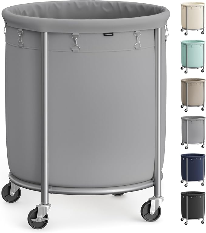 SONGMICS 50.2-Gallon (190 L) Laundry Basket with Wheels, Rolling Round Heavy-Duty Laundry Hamper Cart with Steel Frame and Removable Bag, 2 Locking Wheels, Gray and Metallic Silver URLS001G01