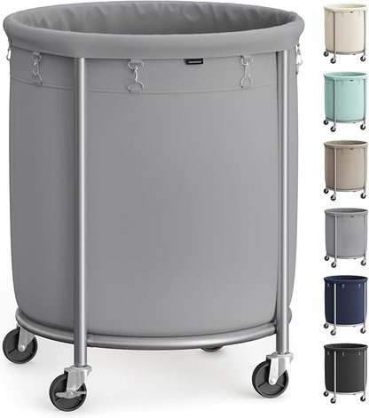 SONGMICS 50.2-Gallon (190 L) Laundry Basket with Wheels, Rolling Round Heavy-Duty Laundry Hamper Cart with Steel Frame and Removable Bag, 2 Locking Wheels, Gray and Metallic Silver URLS001G01