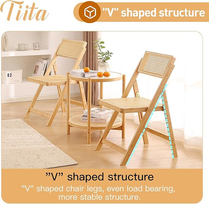 Tiita Rattan Dining Chairs Set of 2, Mid Century Modern Folding Chair, Bamboo Folding Dining Chairs for Small Space, Dining Room, Living Room, Bedroom, Wood