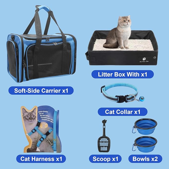 Cat Carrier Soft-Sided & Foldable Travel Litter Box for Cats, Fit for Pet Up to 20Lbs, 17.7' * 11.8 * 11.8 inches Cat Bag for Traveling & Camping, Indoor & Outdoor, Pet Carrier Kit - Blue