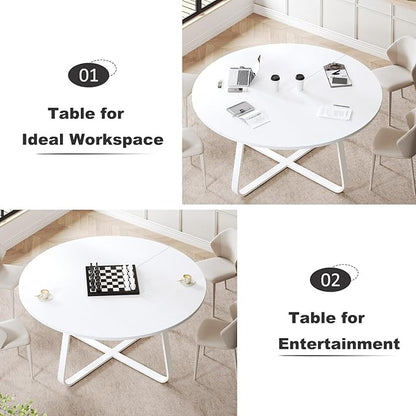 LVB Modern Round Dining Table, Wood Metal Kitchen Tables,Industrial Large Dinner Room Tables for 6 to 8, Circle Dining Room Table for Home Kitchen Living Room,White Oak,60 Inch