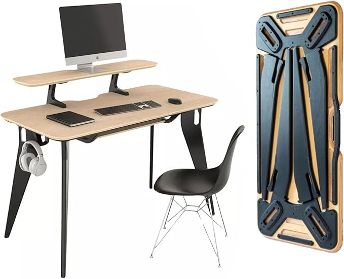 HOEK Desk Bundle, Modular Work from Home Desk with Monitor Shelf, Under Shelf, Side Hook and Wall Cleat, Compact 47.5" x 23", Durable Laminate Surface, Easy Tool-Free Assembly (Birch/Black)