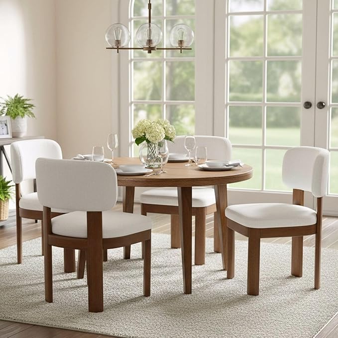 Beige Dining Chairs Set of 4 Mid Century Modern Upholstered Dining Room Chairs with Curved Backrest and Wooden Legs for Kitchen Island, Dining Room