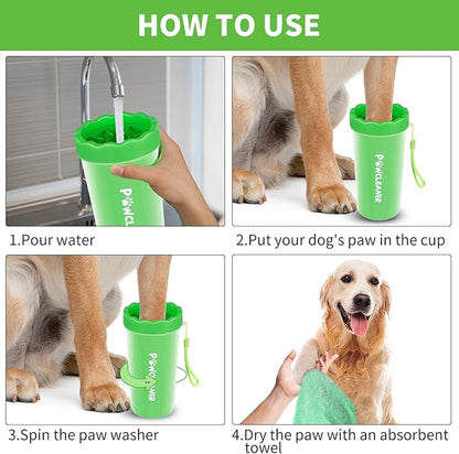 Professional 7 in 1 Dog Paw Cleaner for Dogs & Cats - Includes 1 Portable Paw Washer, 1 Bath Brush, 2 Dog Toothbrushes and 3 Absorbent Towels Note: Fits Paws 2.5 to 3.5 Inches Wide (Large, Green)