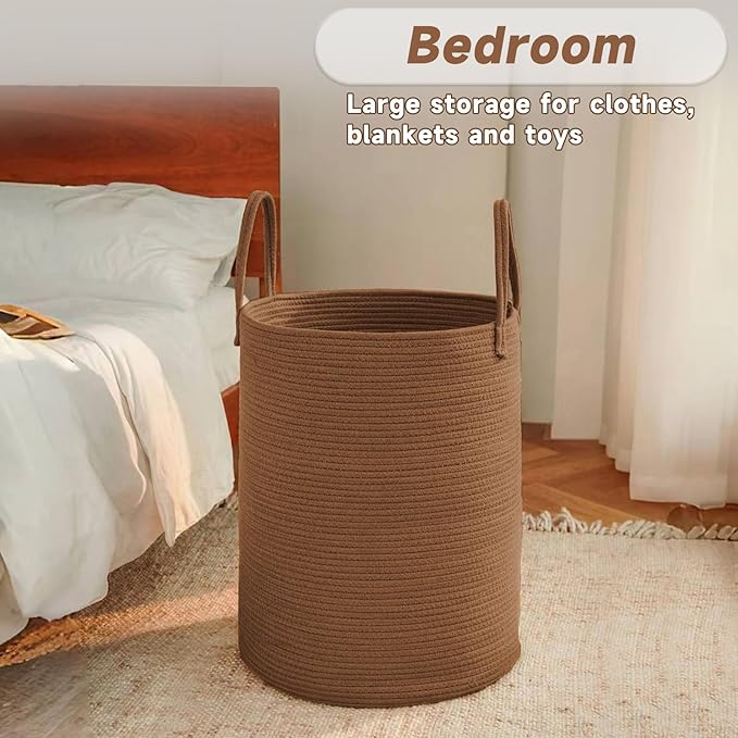 Large Woven Laundry Basket Hamper,80L Cotton Rope Storage Bin for Blankets,Toys and Clothes,Decorative Tall Nursery Hamper for Living Room,Baby Nursery,Bathroom and Bedroom,Golden Jute