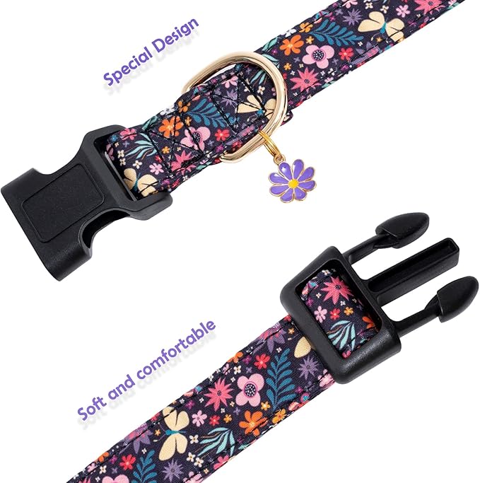 Faygarsle Cotton Designer Dogs Collar Cute Flower Dog Collars for Girl Female Small Medium Large Dogs with Purple Flower Charms S