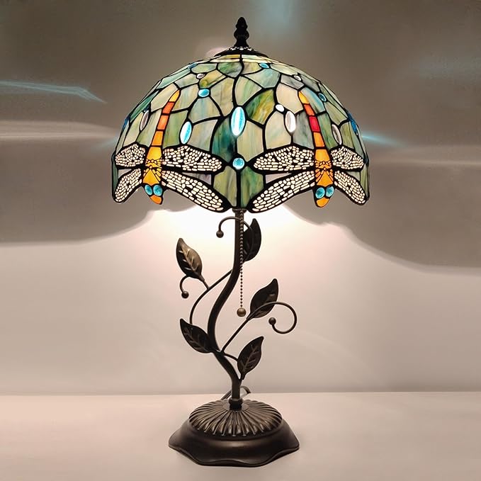 Tiffany Table Lamp, Stained Glass Style Desk Lamp, 12X12X19 Inch,Bedside Reading Light, Metal Leaf Base (Brown Dragonfly Style)
