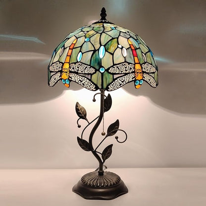 Tiffany Table Lamp, Stained Glass Style Desk Lamp, 12X12X19 Inch,Bedside Reading Light, Metal Leaf Base (Brown Dragonfly Style)