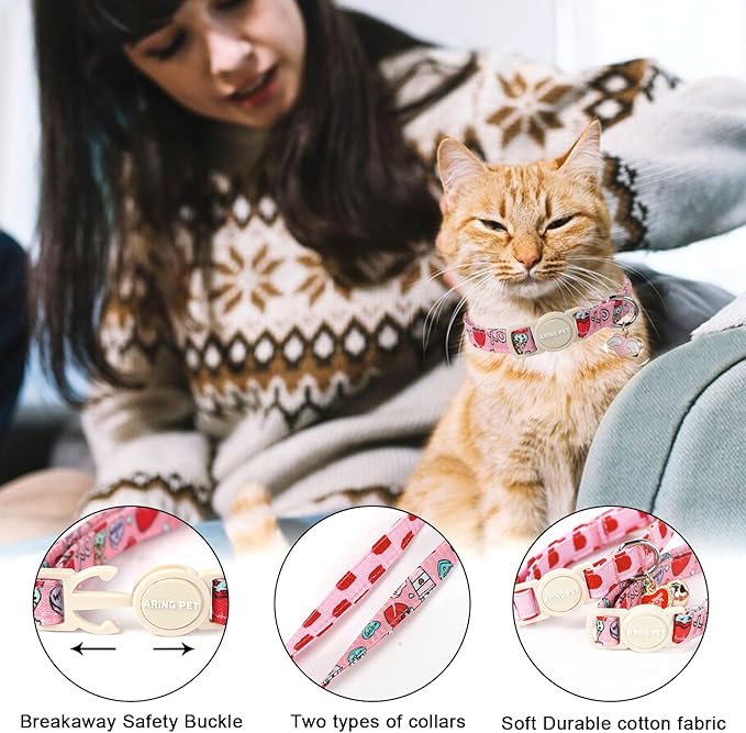ARING PET 2 Pack Valentine's Day Cat Collars-Cute Heart Cat Collar Breakaway with Bell&Pendant, Adjustable Valentine Kitten Collars with Safety Buckle for Girl and Boy Cats
