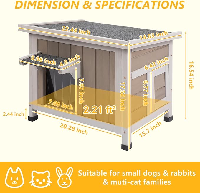 Insulated 22.44" L Cat House,All-Round Foam Feral Cat Shelter for Winter Cats,Outdoor Weatherproof Cat Enclosure with Asphalt Roof & 2 Escape Doors for Winter Small Cats,Grey