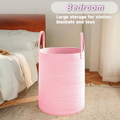 Large Woven Laundry Basket Hamper,60L Cotton Rope Storage Bin for Blankets,Toys and Clothes,Decorative Tall Nursery Hamper for Living Room,Baby Nursery,Bathroom and Bedroom,Pink