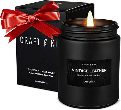 Craft & Kin Premium Vintage Leather Candle | Black Christmas Scented Candles for Men | Long Lasting with 45 Hour Burn Time, 7.6oz | Soy Holiday Candles | Aromatherapy at Home | Gifts for Men