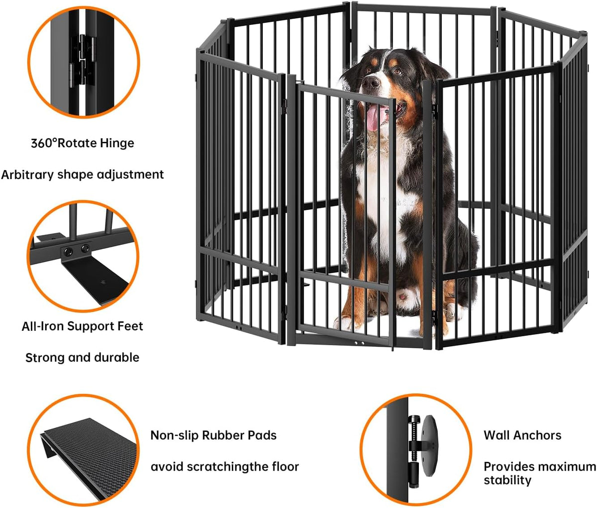 Full Metal Freestanding Dog Gate with Door, 32''Height Foldable Pet Dog Fence for Indoor & Outdoor, 8 Panels Extra Wide Free Standing TallDog Gates for Doorways,House,Stairs,Porch,Deck,Yard