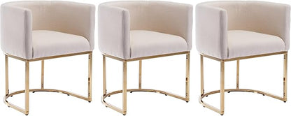 Linen Fabric Dining Chairs Set of 3 Modern Barrel Arm Chairs with Golden Frame, Upholstered Kitchen Chairs 18.5" Wide Accent Chairs for Living Room Dining Room Restaurant, Cream
