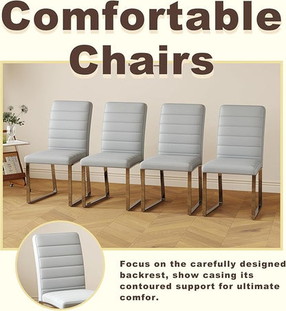 Modern Dining Chairs Set of 4, White Faux Leather Kitchen Chairs, Upholstered Armless Dining Room Chair with Gold Mental Legs Heavy Duty, Comfortable (Grey Chiars, Set of 4)