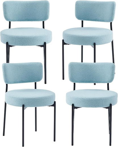 Blue Boucle Dining Chairs Set of 4, Upholstered Dinner Chair with Metal Frame, Dining Room Chairs with Padded Seat, Round Modern Seating for Living Room