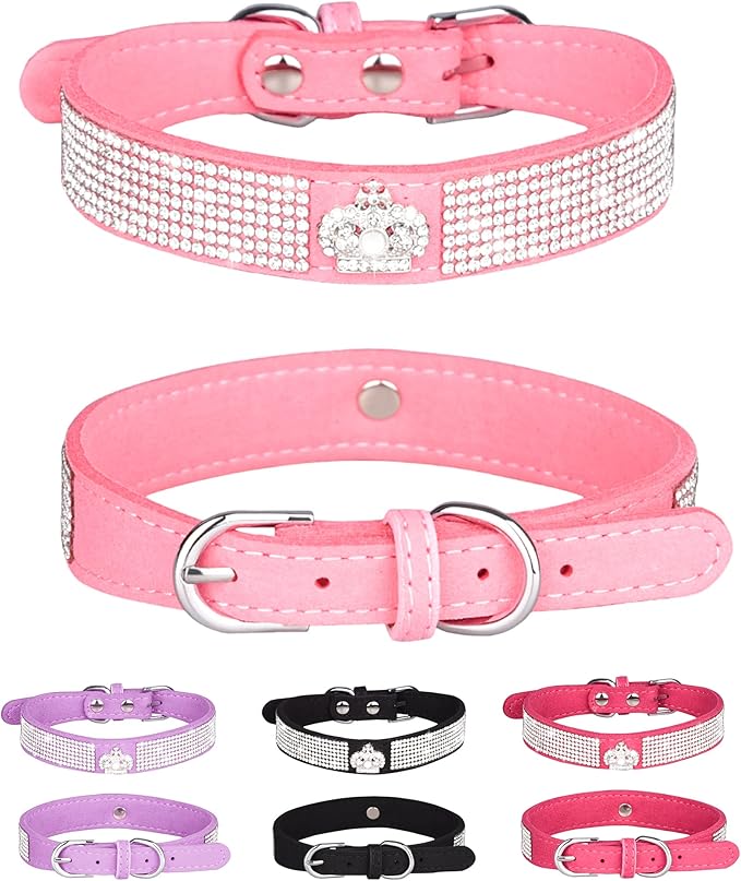 Bling Dog Collar for Small Medium Large Dogs, Crown Rhinestone Dog Collars for Girl and boy Dog, Diamond Puppy Collars, Adjustable Leather Suede SOFE Cat Collar (XS(8.2"-10.6"/21CM-27CM), Pink)
