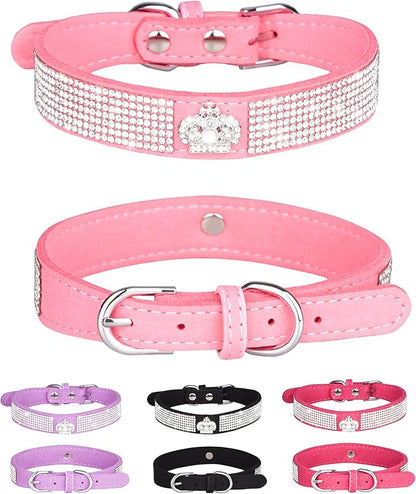 Bling Dog Collar for Small Medium Large Dogs, Crown Rhinestone Dog Collars for Girl and boy Dog, Diamond Puppy Collars, Adjustable Leather Suede SOFE Cat Collar (XS(8.2"-10.6"/21CM-27CM), Pink)