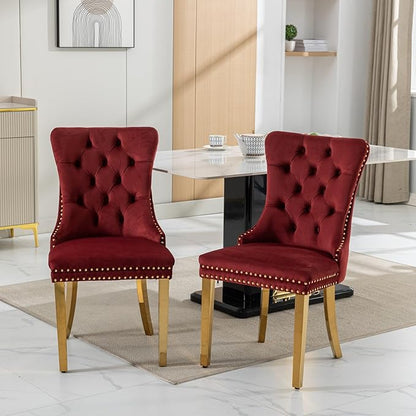 Goujxcy 5 Piece Round Glass Dining Table Set for 4, 47" Round Dining Table & Chair Set Modern Circle Glass Kitchen Table and 4 Velvet Upholstered Chairs for Kitchen Dining (Gold & Burgundy)