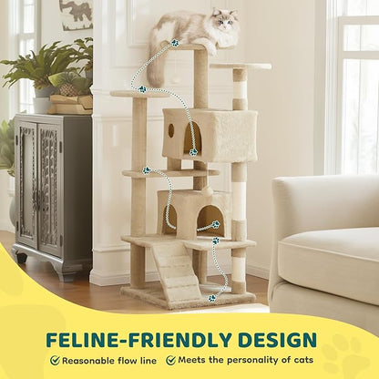 Cat Tree 54 Inch, Multi-Level Cat Tower with Condo, Perches, Sisal Scratching Posts and Climbing Ladder, Pet Play Toy Balls House for Indoor Cats, Beige
