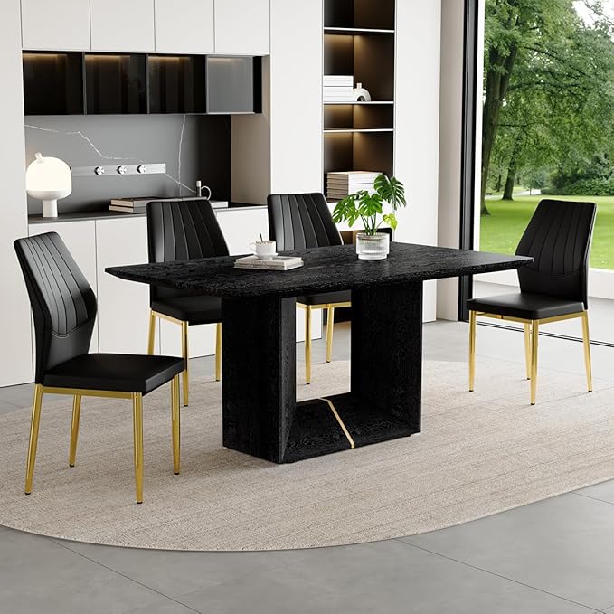 63" Modern Black Dining Table Set for 4 with Chairs, 5 Piece Rectangular Dining Room Table and 4 PU Leather Chairs, Kitchen Dining Set with Matte Wood Finish, Geometric Base, Easy Assembly