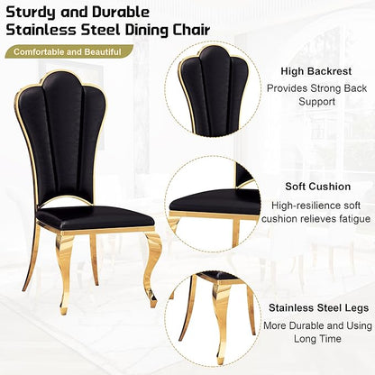Dining Table Set for 6, 7-Piece Kitchen Table Chairs Set, Modern Dining Room Set with 70'' Marble Dinner Table and 6 Petaloid Backrest Upholstered Chairs for Kitchen, Black & Gold