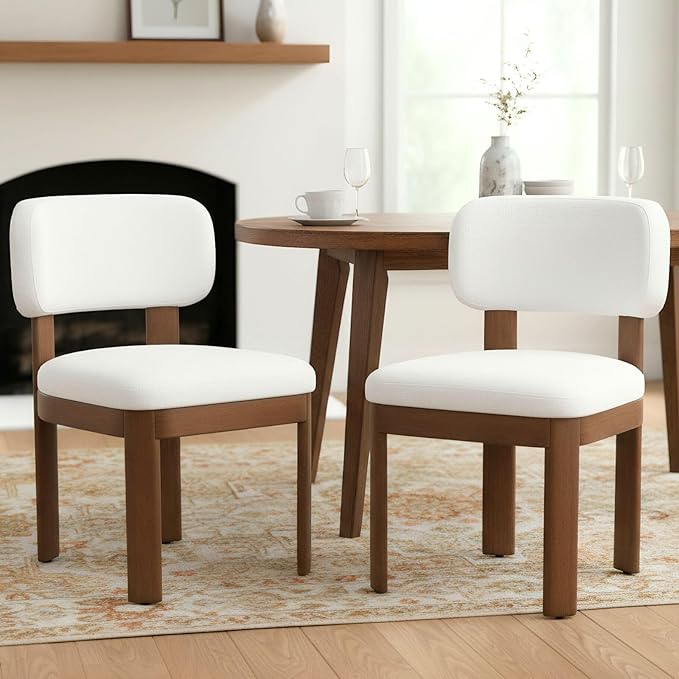 Beige Dining Chairs Set of 2 Mid Century Modern Upholstered Dining Room Chairs with Curved Backrest and Wooden Legs for Kitchen Island, Dining Room