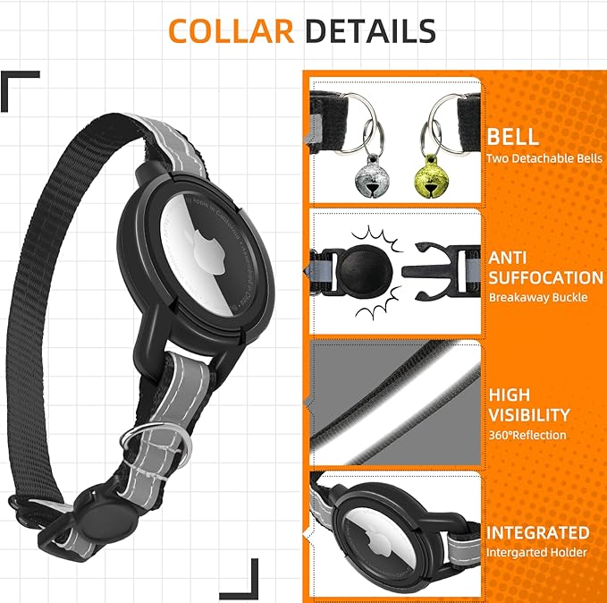 Airtag Cat Collar Breakaway, Odokele Reflective Cats Collars with Apple Air Tag Holder for Kitten, Cat GPS Tracker Adjustable Collars with Safety Quick Release Buckle for Kitties and Puppies - Black