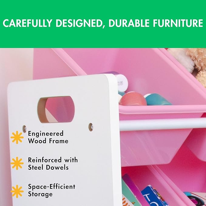 Humble Crew Kids Toy Storage Organizer with 12 Plastic Bins, White/Pink – Removable Bins for Playroom, Bedroom, Toddler Furniture for Boys and Girls Ages