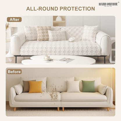 HANDONTIME Non-Slip Pet Couch Cover Washable, Plush Faux Fur Couch Protector for Cushion Pet-Friendly Sofa Covers for Dogs, Checkered Diamond Sectional Covers Dog Mat for Sofa (Ivory, 35.6" x 70.9")