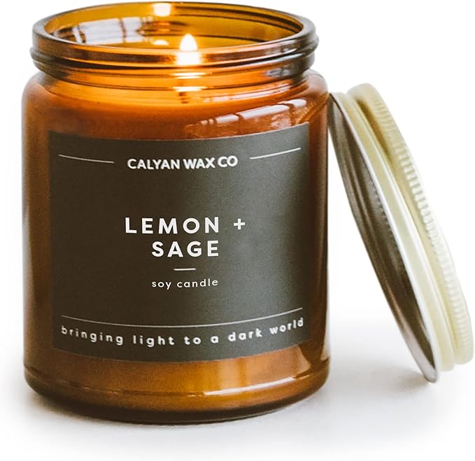 Calyan Wax Co. Lemon & Sage Scented Candle - 57 Hour Burn - Luxury Non Toxic Soy Wax Candles - Long Lasting Amber Glass Jar Candle for Home - 7.2oz
