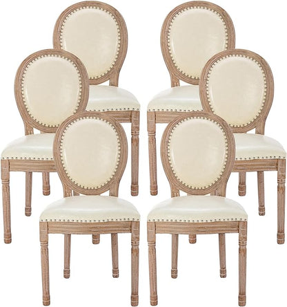 Nrizc French Country Dining Chairs Set of 6, Leather Farmhouse Dining Room Chairs with Round Back, Solid Wood Legs, Oval Side Chairs for Kitchen/Bedroom/Dining Room