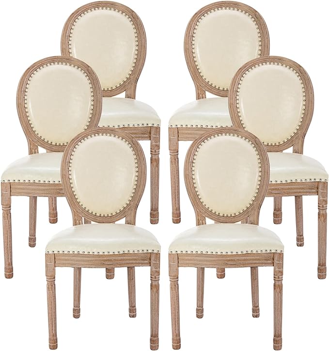 Nrizc French Dining Chairs Set of 6, French Country Dining Chair, Vintage Farmhouse Dining Chairs with Round Back, Solid Wood Beige Fabric Dining Room Chairs, for Kitchen, Bedroom, Dining Room