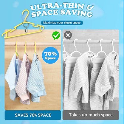 Baby Hangers with Metal Ring Clips, Children Plastic Hanger for Kids Pants Clothes Closet, 20 Pack, Yellow