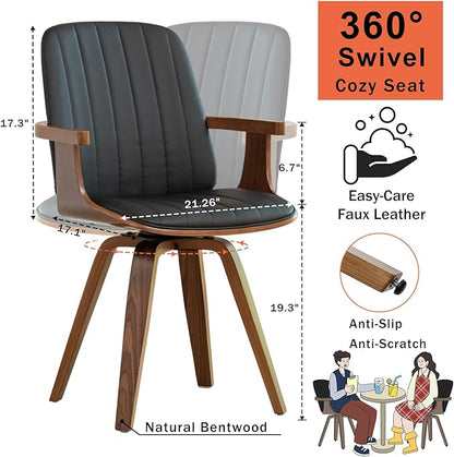 Set of 1 Swivel Dining Chairs, Kitchen Swivel Chairs with Walnut Craftsmanship, Upholstered Faux Leather, Wooden Arms and Legs, Walnut Dining Chairs for Kitchen/Living Room - Black
